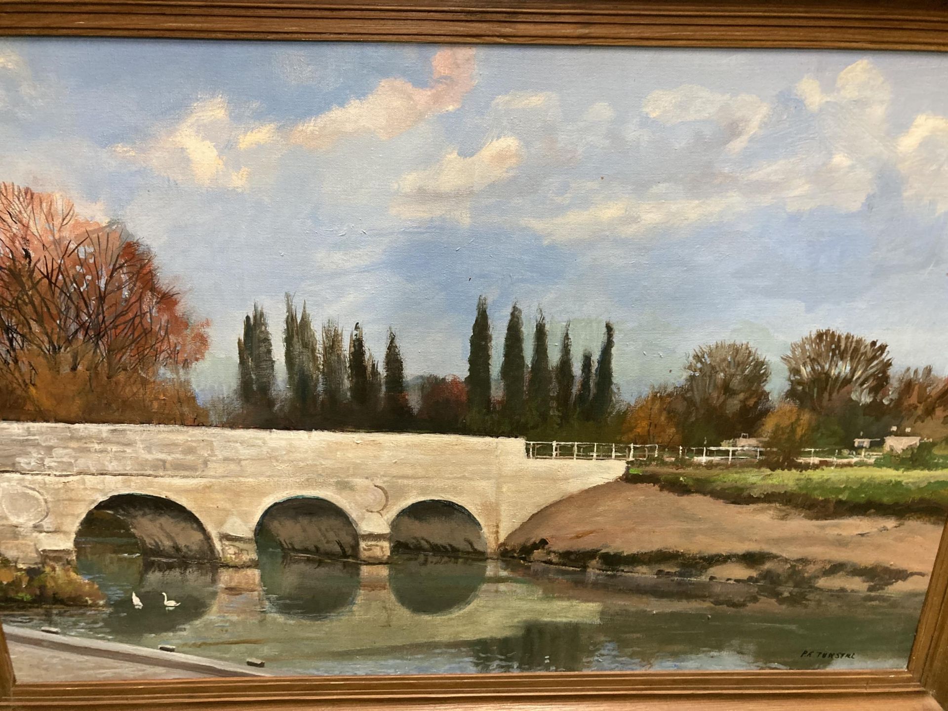 A LARGE OIL ON CANVAS OF A RIVER AND BRIDGE SCENE, SIGNED P F TUNSTALL, 101CM X 71CM - Image 2 of 3