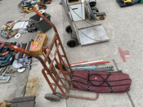 A TWO WHEELED SACK TRUCK AND AN ASSORTMENT OF DRILL BITS ETC