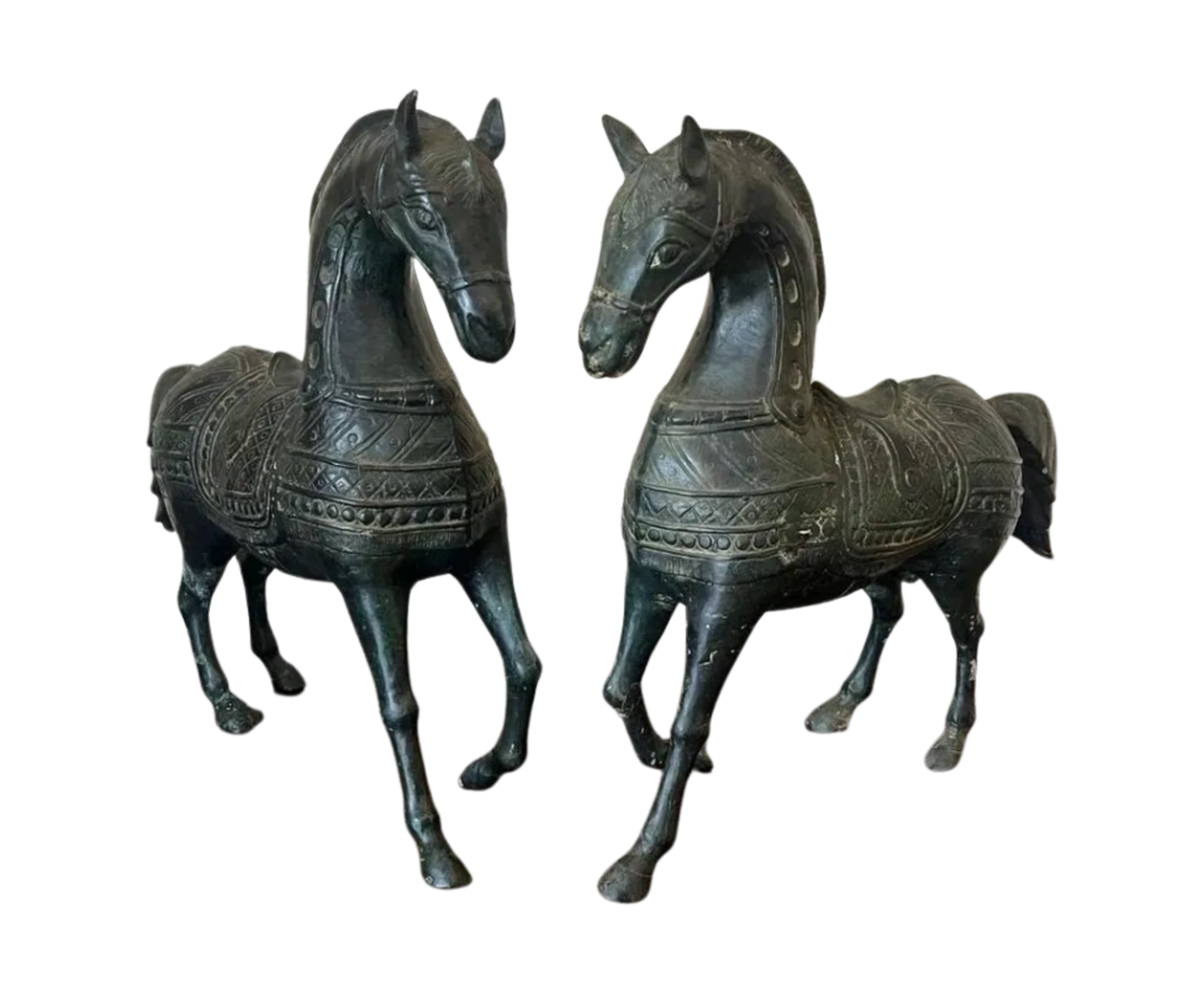 AN IMPRESSIVE LARGE PAIR OF ORIENTAL CHINESE BRONZE HORSES, HEIGHT 39CM