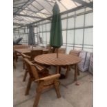 AN AS NEW EX DISPLAY CHARLES TAYLOR CIRCULAR TABLE WITH FOUR CHAIRS WITH LOVE SEAT TABLES, PARASOL