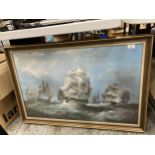 A LARGE PRINT OF ROYAL NAVY WAR SHIPS, 95CM X 64CM