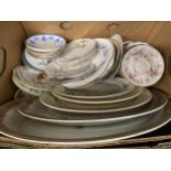 A BOX OF ASSORTED CHINA DINNER WARES, MEAT PLATES ETC