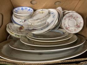 A BOX OF ASSORTED CHINA DINNER WARES, MEAT PLATES ETC