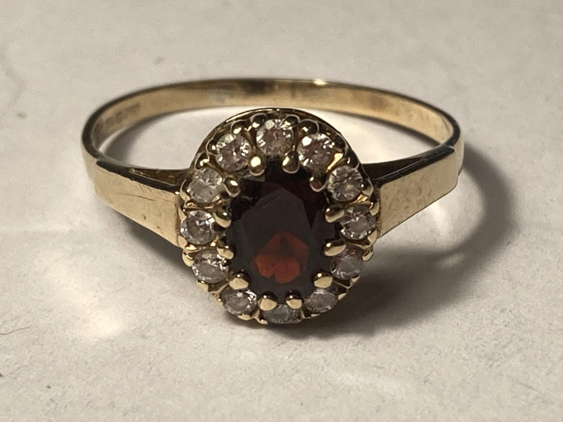 A 9 CARAT GOLD RING WITH CENTRE GARNET SURROUNDED BY CUBIC ZIRCONIAS SIZE R