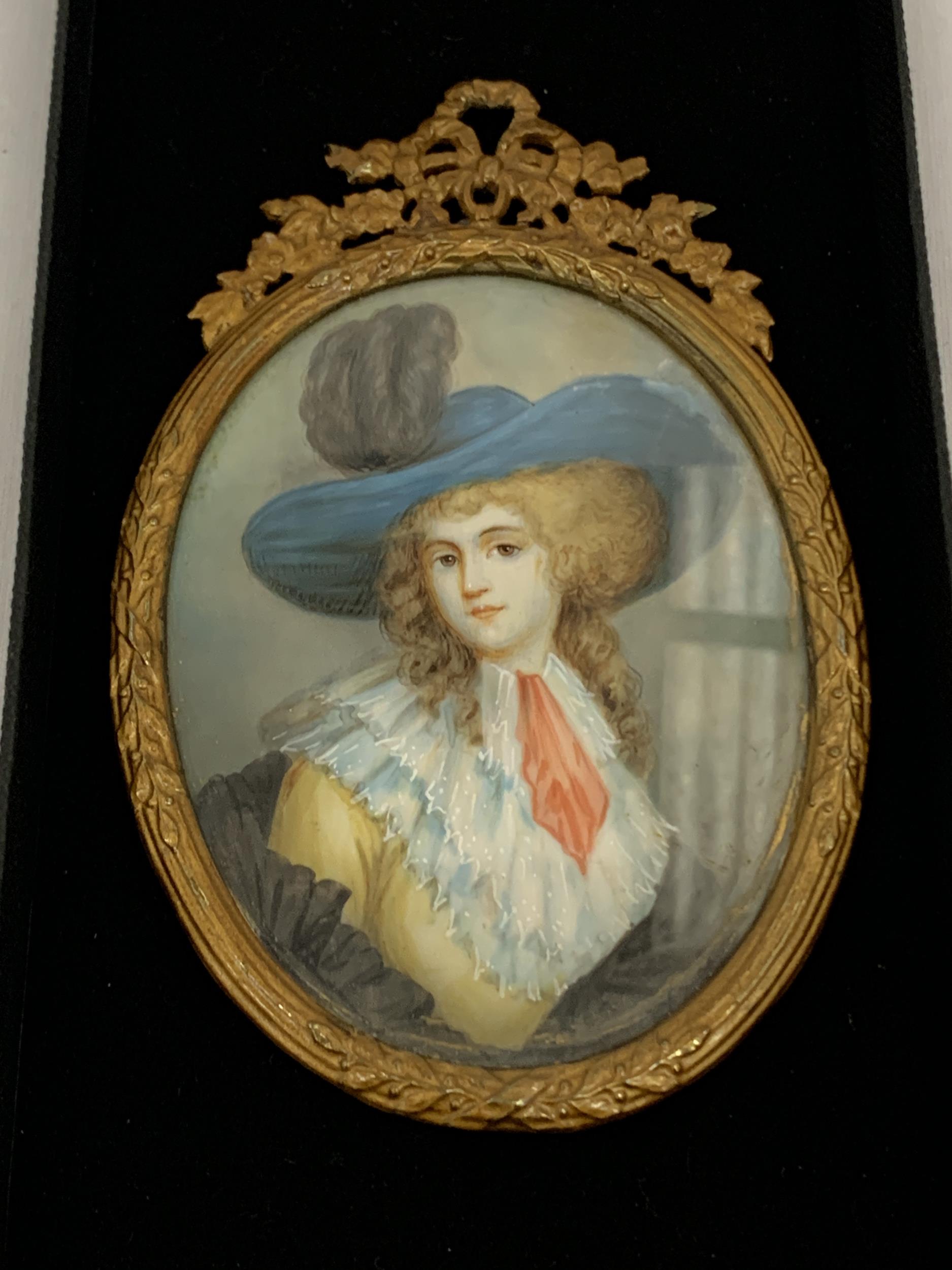 AN ANTIQUE (APPROX 1870) GILT FRAMED PORTRAIT MINIATURE OF A LADY, LABEL TO REVERSE, LENGTH 11CM - Image 2 of 5