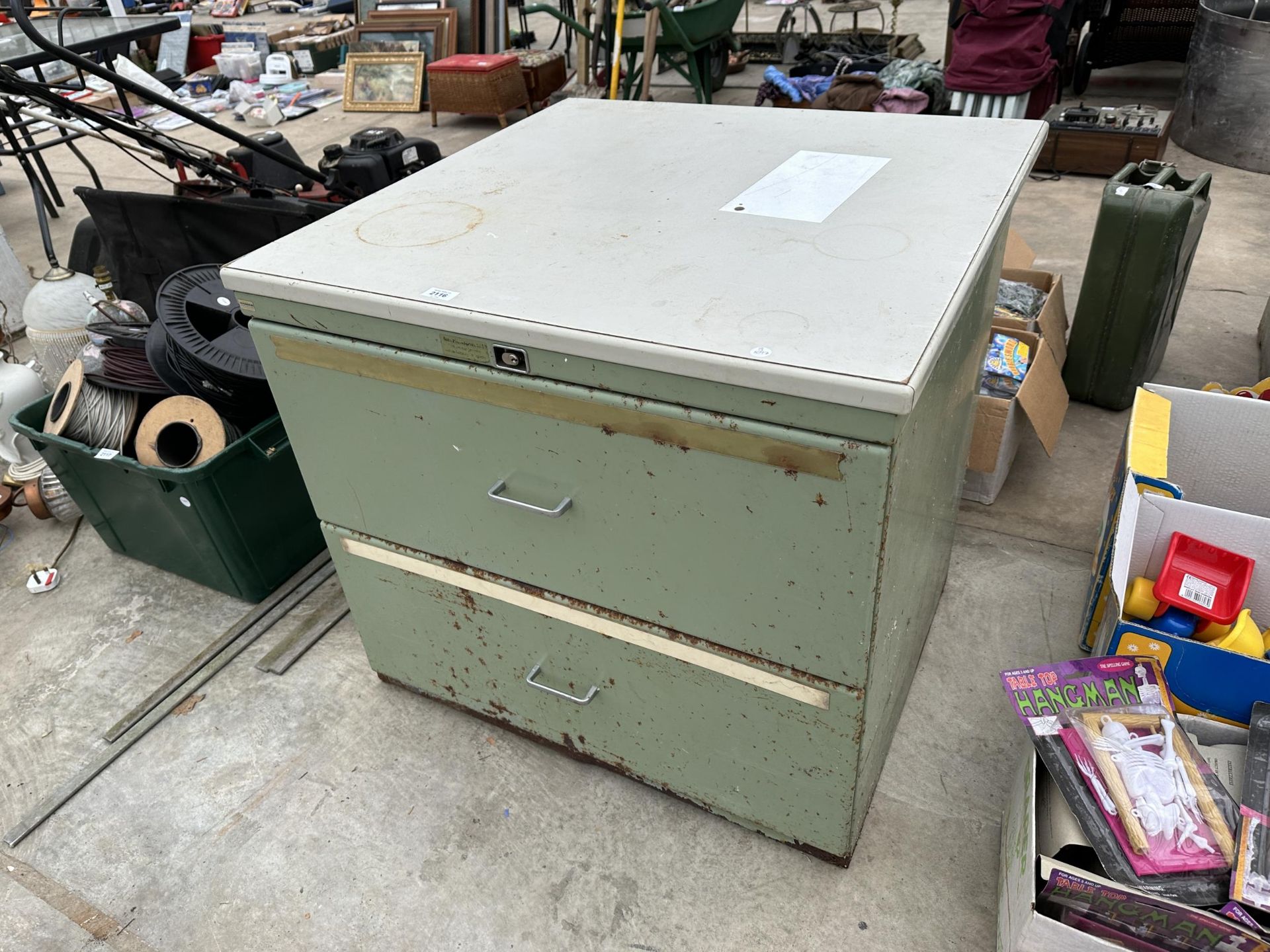 A METALWARE TWO DRAWER FILING CABINET/TABLE, 32" SQUARE