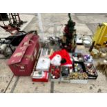 A LARGE ASSORTMENT OF CHRISTMAS ITEMS AND DECORATIONS TO INCLUDE ARTIFICIAL TREES, A SANTA OUTFIT,