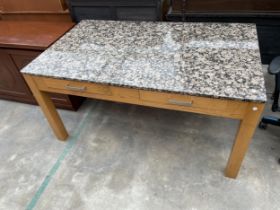 A MODERN OFFICE TABLE WITH POLISHED HARDSTONE TOP WITH TWO DRAWERS, 60 X 36"
