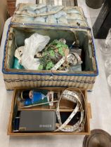 A 1930'S NEEDLEWORK BOX, FULL OF CONTENTS