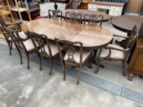 A SET OF EIGHT MAHOGANY CHIPPENDALE STYLE DINING CHAIRS, TWO BEING CARVERS AND TWIN PEDESTAL