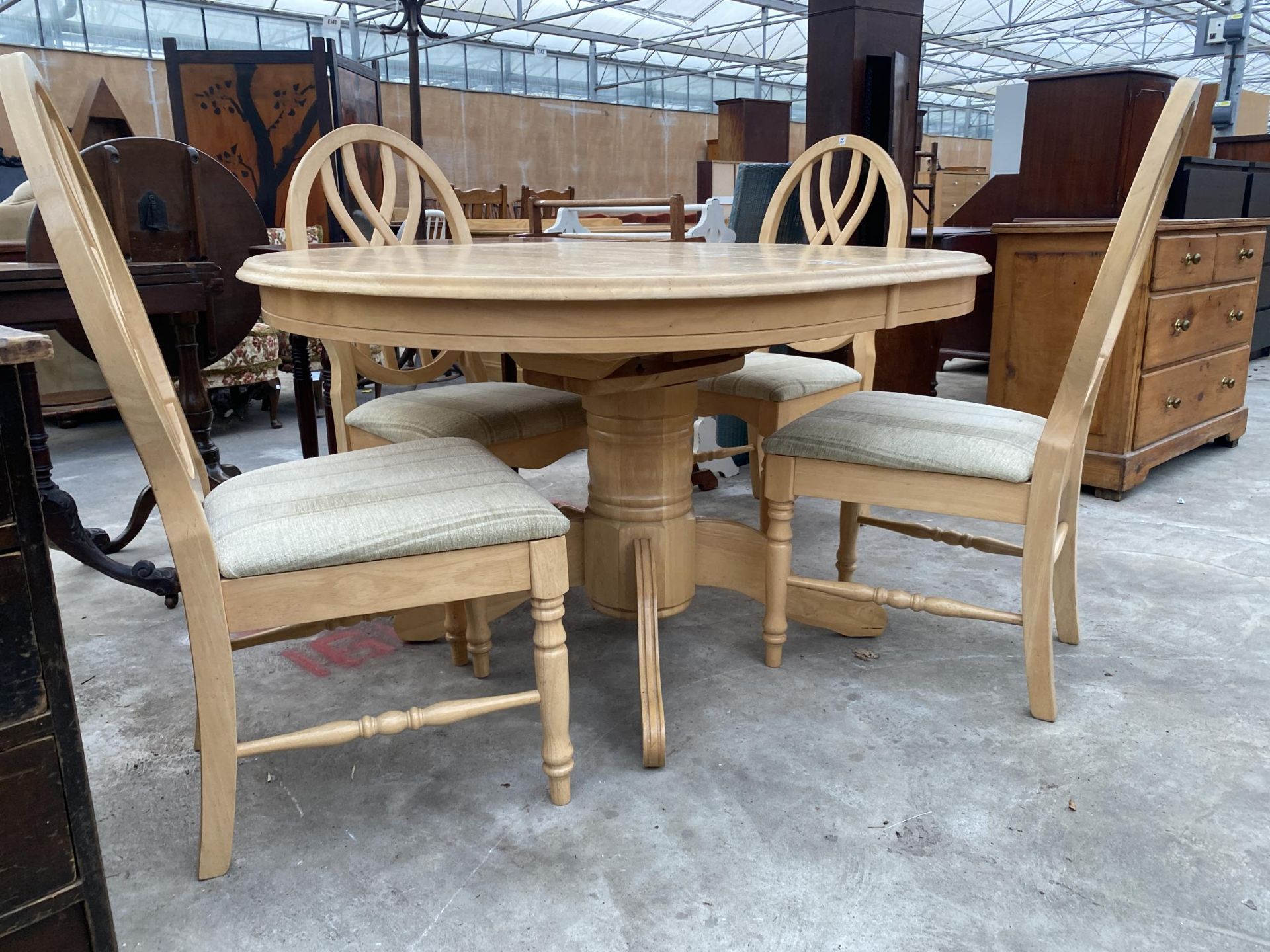A MODERN EXTENDING DINING TABLE, 66 X 43" OPENED, 54 X 43" CLOSED, AND FOUR LATTICE BACK DINING - Image 2 of 4