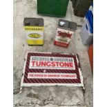 TWO VINTAGE LUBRICANT CANS AND A SIGN