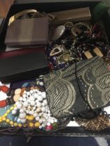 A BOX OF ASSORTED COSTUME JEWELLERY, BOXED ART GLASS WINE STOPPER ETC