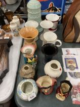 A QUANTITY OF CERAMIC ITEMS TO INCLUDE TOBY JUGS, VASES, COMMEMORATIVE MUGS, ETC