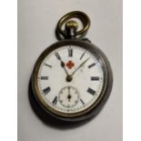 A LADIES RED CROSS POCKET WATCH WITH WHITE ENAMEL FACE AND ROMAN NUMERALS SEEN WORKING BUT NO