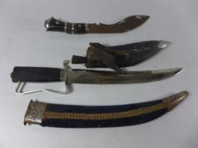 A KUKRI KNIFE AND SCABBARD, 14.5CM BLADE, FURTHER KNIFE (2)
