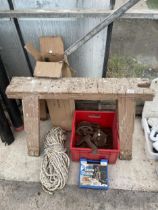 AN ASSORTMENT OF ITEMS TO INCLUDE A BUILDERS TRESTLE, BLOCK AND TACKLE AND ROPE ETC