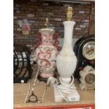 A HEAVY MARBLE TABLE LAMP, HEIGHT 36CM PLUS AN ORIENTAL STYLE MANTLE LAMP WITH DRAGON DESIGN, HEIGHT
