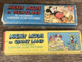 TWO VINTAGE BOXED MICKEY MOUSE LANTERN SLIDES, GIANT LAND AND PIGMY LAND