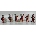 A RARE RUSSIAN MINIATURE PORCELAIN SET OF JESTER MUSICIAN FIGURES, HEIGHT 6CM