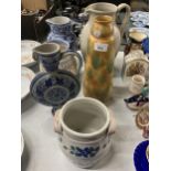 A QUANTITY OF LARGE JUGS AND VASES TO INCLUDE ROYAL CAULDRON, CROWN POTTERY, ETC - 6 PIECES IN TOTAL