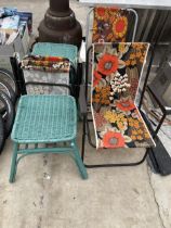 FOUR FOLDING GARDEN CHAIRS AND TWO WICKER TABLES