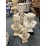 A GROUP OF FOUR RESIN BUSTS OF CLASSICAL FIGURES