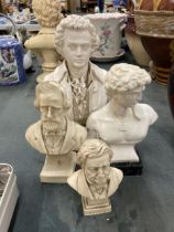 A GROUP OF FOUR RESIN BUSTS OF CLASSICAL FIGURES