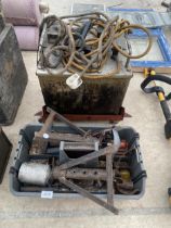 A WELDER AND AN ASSORTMENT OF TOOLS TO INCLUDE AXEL STANDS ETC