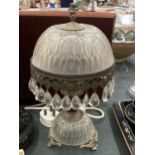 A VINTAGE GLASS AND METAL TABLE LAMP WITH ENGRAVED GLASS, CRYSTAL DROPS AND ANGEL FINIAL, HEIGHT