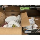 TWO BOXES OF ASSORTED CHINA DINNER WARES, COLCLOUGH CUPS ETC