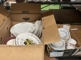 TWO BOXES OF ASSORTED CHINA DINNER WARES, COLCLOUGH CUPS ETC