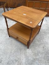 A NATHAN RETRO TEAK AND CROSSBANDED TWO TIER LAMP TABLE WITH SINGLE DRAWERS, 20" SQUARE