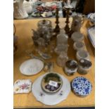 A MIXED LOT TO INCLUDE BRASS CANDLESTICKS AND HOOKS, A ROYAL WORCESTER AND ADAMS EGG CODDLER,