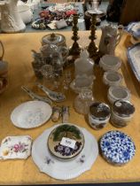 A MIXED LOT TO INCLUDE BRASS CANDLESTICKS AND HOOKS, A ROYAL WORCESTER AND ADAMS EGG CODDLER,