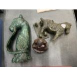 A JADE STYLE HORSE, A/F, HORSE'S HEAD AND BUDDAH