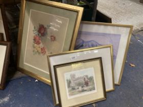 A WATERCOLOUR OF ROSES, A NUDE PRINT, A LIMITED EDITION 356/850 'WILMSLOW CHURCH', SIGNED, ETC