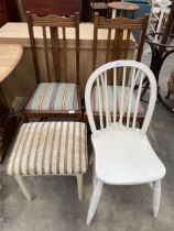 A PAIR OF EARLY 20TH CENTURY OAK DINING CHAIRS, PAINTED KITCHEN CHAIR AND SMALL STOOL