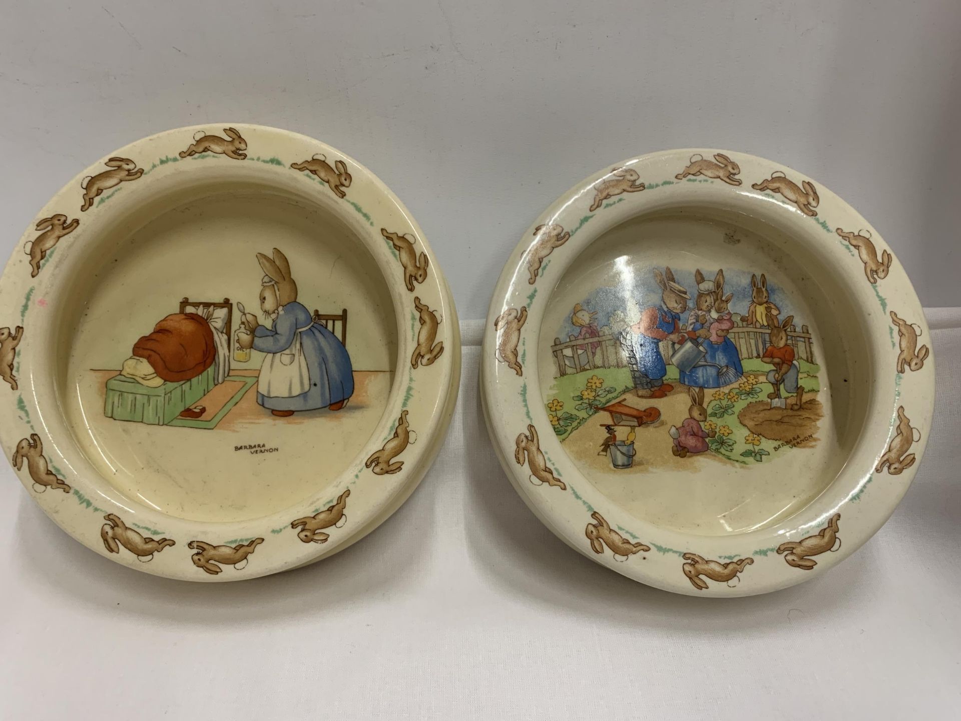 TWO ROYAL DOULTON BUNNYKINS DEEP IVORY GLAZED EARTHENWARE BABY PLATES "MEDICINE TIME" PRODUCED UNTIL - Image 3 of 4