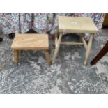 TWO SMALL BEECH AND OAK STOOLS ON TURNED LEGS