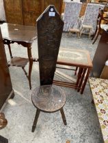 A CARVED BEECH SPINNING STOOL, CARVED BY HAND THE STUDIO OF ART AND ANTIQUITY, TORQUAY, DEVON