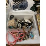 A BOX OF ASSORTED COSTUME JEWELLERY, BEAD NECKLACES ETC