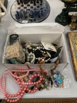 A BOX OF ASSORTED COSTUME JEWELLERY, BEAD NECKLACES ETC