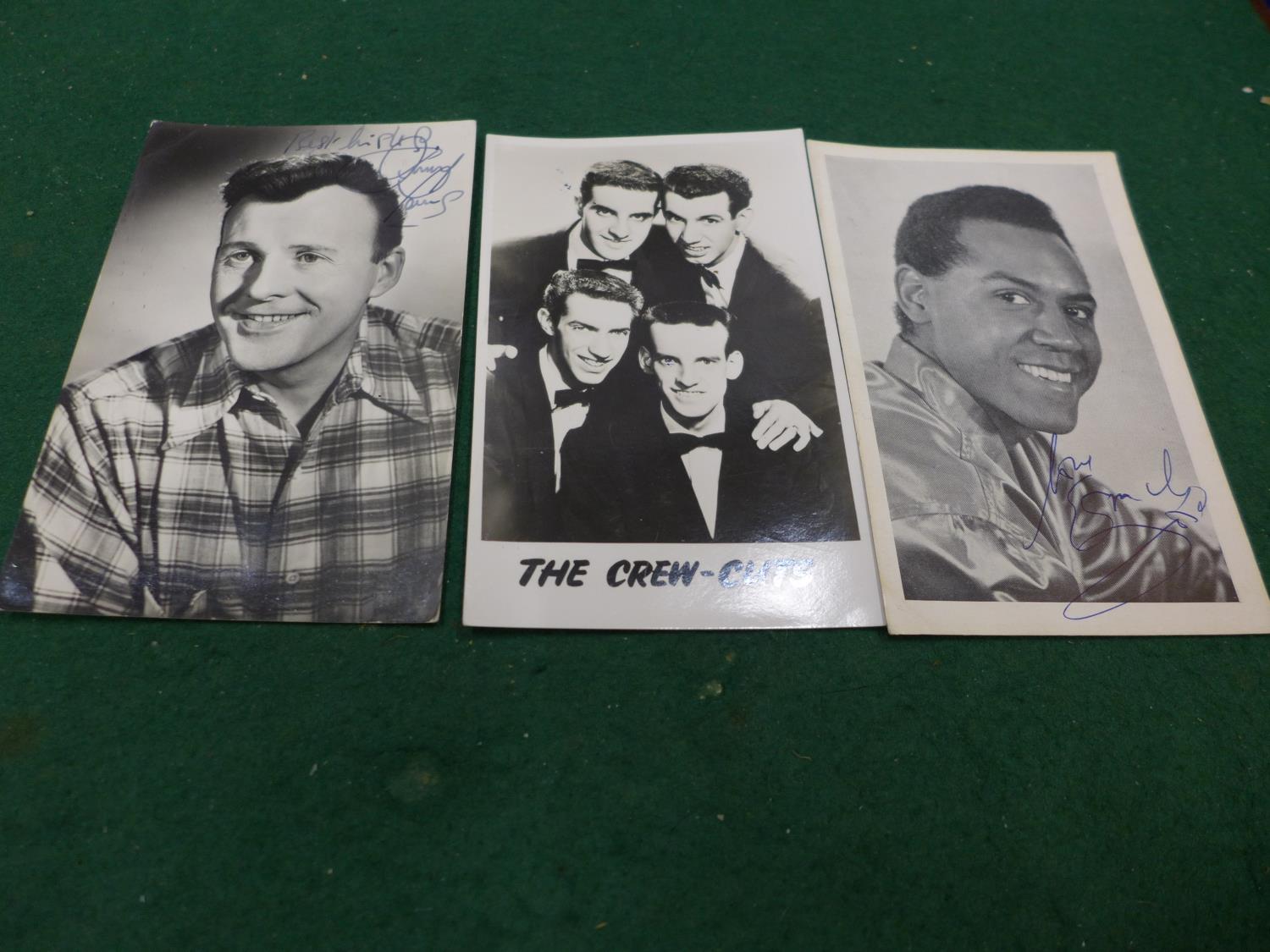 A SIGNED JIMMY YOUNG PHOTOGRAPH, SIGNED EMILE FORD POSTCARD AND A CREW CUTS POSTCARD