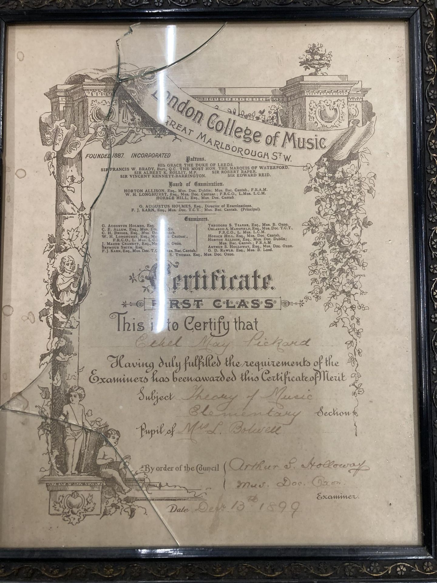 TWO DATED 1899 & 1900 FRAMED LONDON COLLEGE OF MUSIC CERTIFICATES - Image 2 of 3