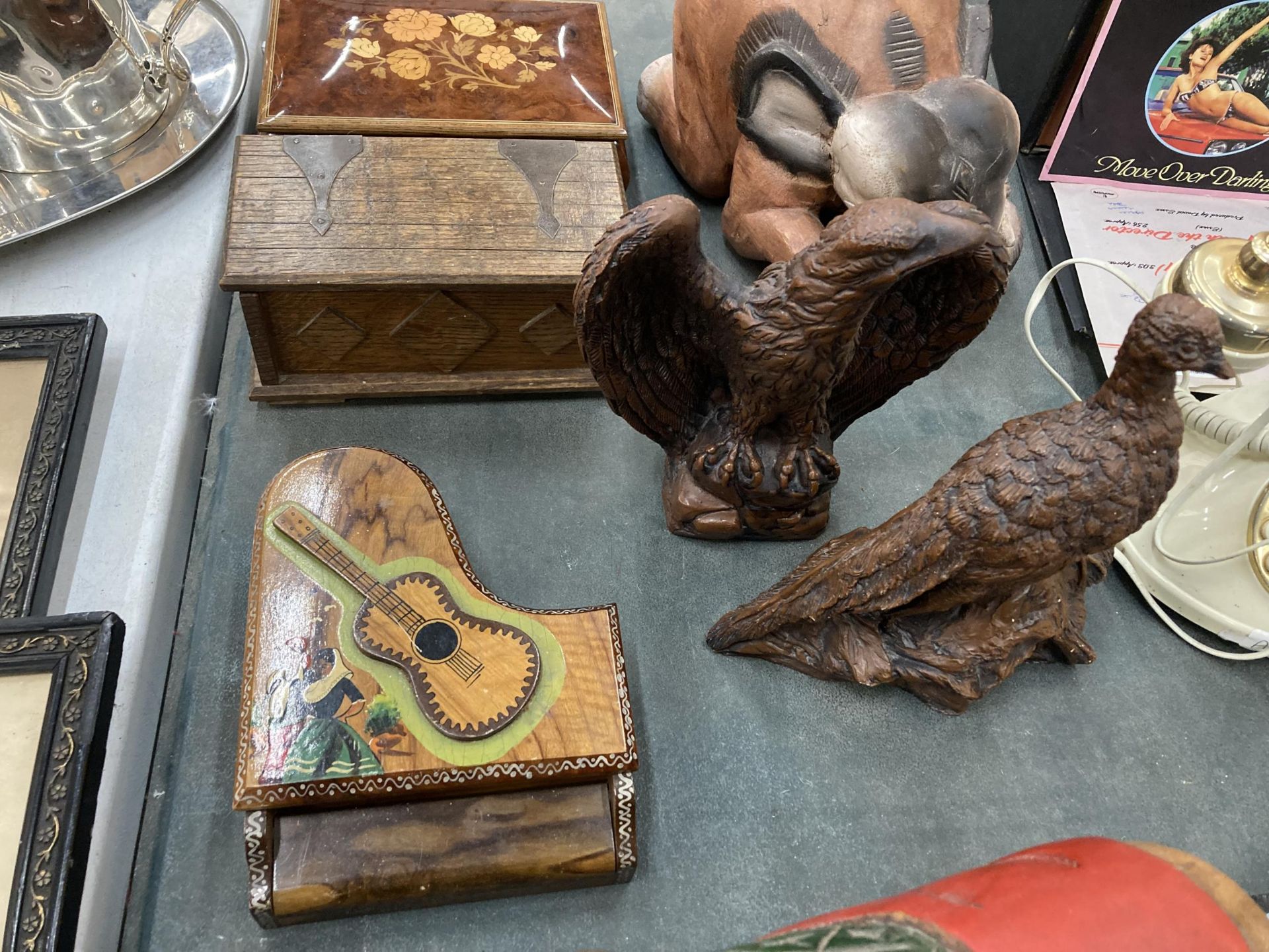 A COLLECTION OF WOODEN WARES,ROCKING PIG FIGURE, INLAID BOX, EAGLE FIGURE - Image 3 of 4