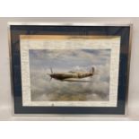 A RARE AND UNIQUE BATTLE OF BRITAIN COLOUR PRINT OF "LONE PATROL". THE IMAGE OF A SPITFIRE IS SIGNED