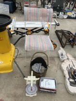 AN ASSORTMENT OF ITEMS TO INCLUDE A BRASS COAL BUCKET, SCALES AND A CHAIR ETC