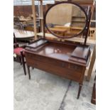 AN EDWARDIAN MAHOGANY AND INLAID DRESSING TABLE ON TURNED AND FLUTED LEGS AND UPRIGHTS, 48" WIDE