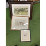 THREE FRAMED HORSE RELATED PRINTS, COMICAL HORSE JUMPING SCENE ETC